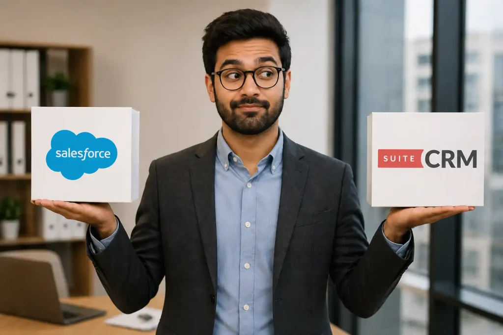 A man holding Salesforce and suitecrm on both of his hands, comparing salesforce vs suitecrm.