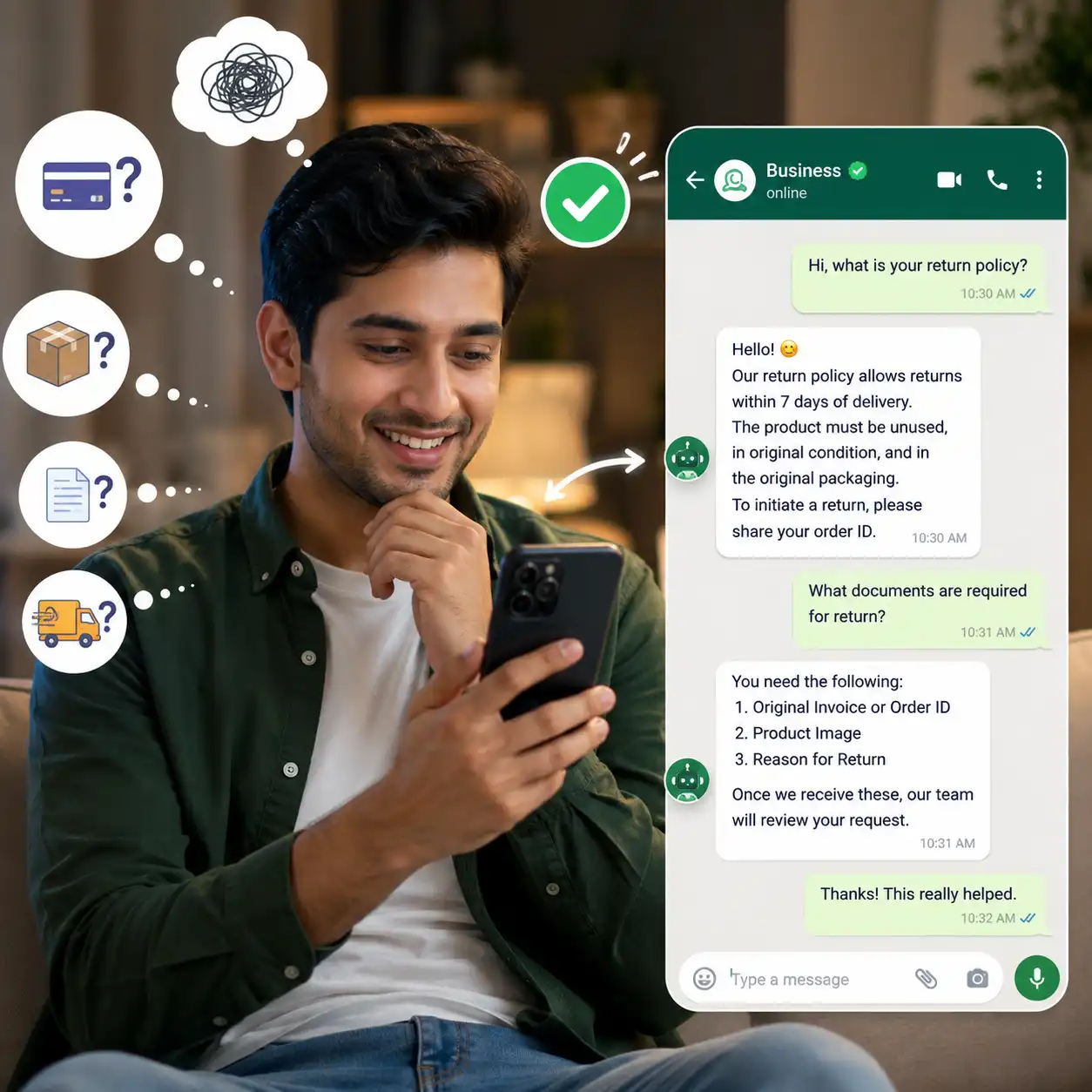 WhatsApp Knowledgebase AI user experience — customer question answered instantly on WhatsApp